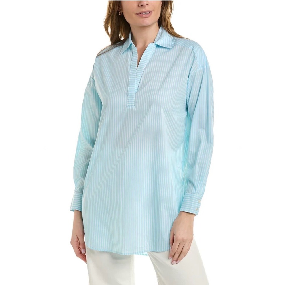 J. McLaughlin Monte XS Blue White‎ Striped Split Neck Tunic Shirt Long Sleeve